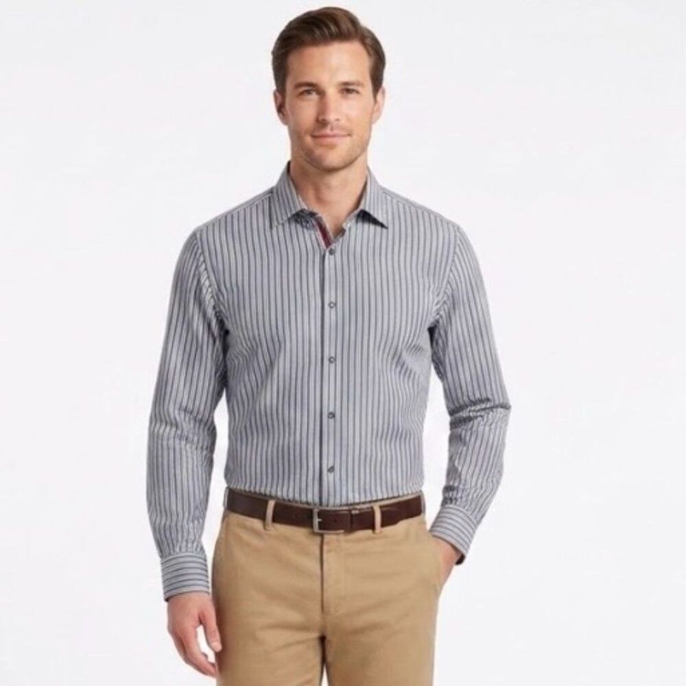 Hugo Hugo Boss Men's Gray White Stripe LS Classic Dress Shirt Size 17 34/35